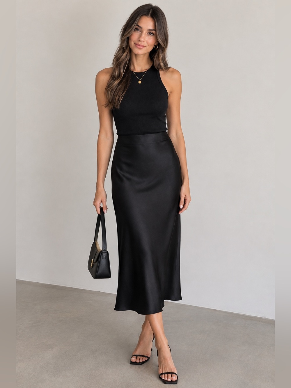 H&M Black Satin-Effect Midi Slip Skirt | Sz S